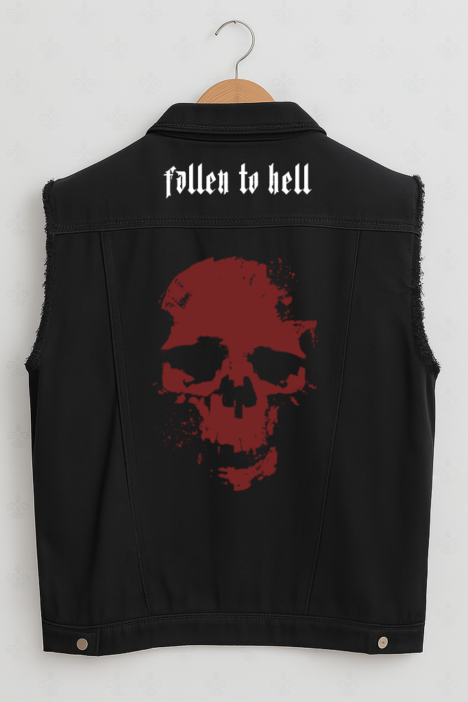 Black Gothic Skull Battle Jacket - Unisex Sleeveless Denim Jacket Printed in Red & White
