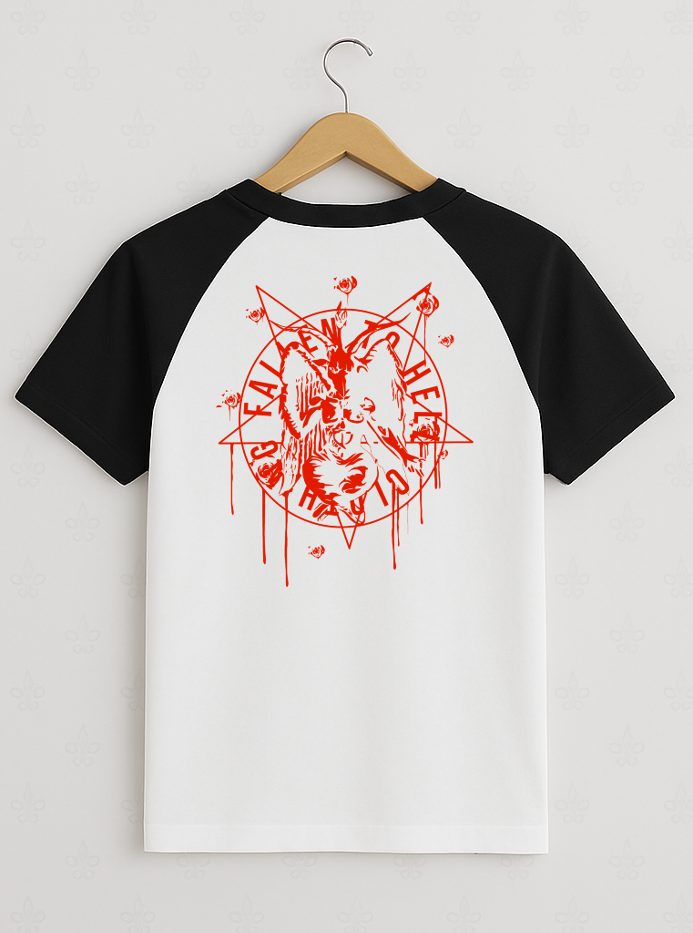 White Baphomet Graphic T-shirt with Black Sleeves and Trim - Unisex Short Sleeve Tee with Red Print