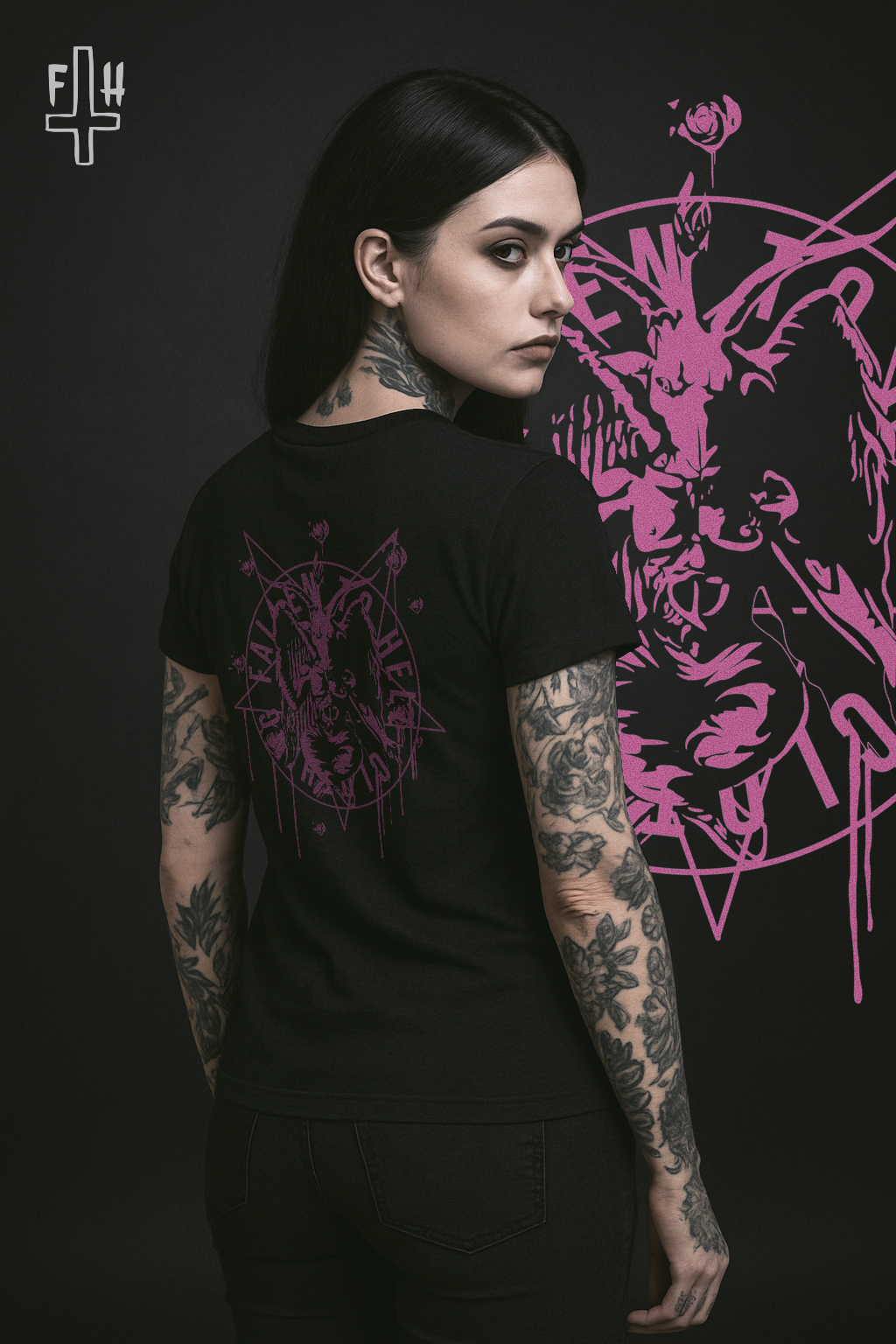 Black Baphomet Graphic T-shirt - Unisex Short Sleeve Tee with Pink Print