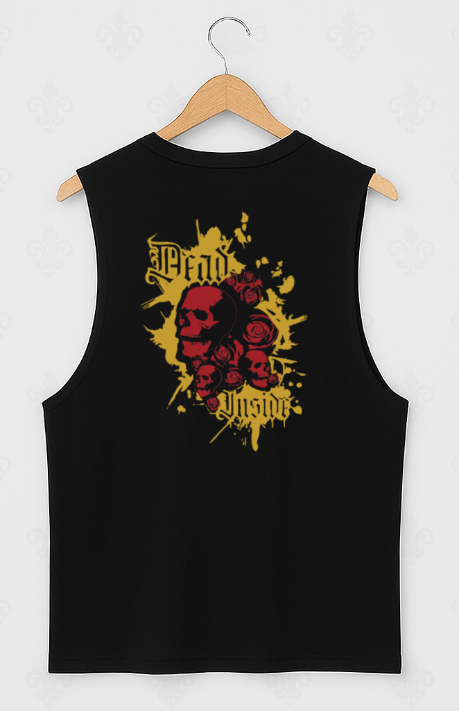 Black Skull & Roses Graphic Sleeveless Tee - Deep Cut Armhole Tank with Red and Yellow Print