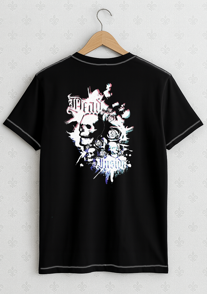 Black Gothic Skull & Roses T-shirt with White Stitching - Unisex Short Sleeve Tee with Purple, Pink and White Print