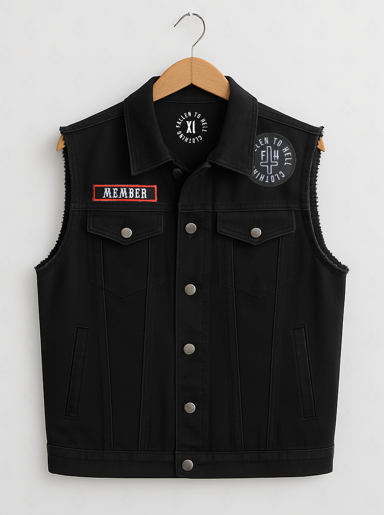 Black Baphomet Graphic Battle Jacket - Unisex Sleeveless Denim Jacket Printed in White and Red
