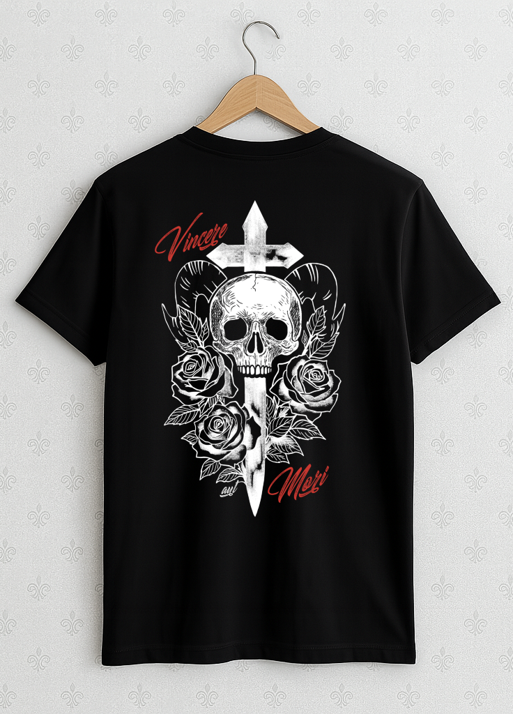 Black Conquer or Die Graphic T-shirt. Unisex Short Sleeve Tee Printed in White and Red
