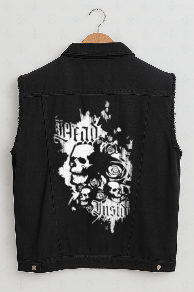 Black Graphic Skull & Roses Battle Jacket - Unisex Sleeveless Denim Jacket Printed in White