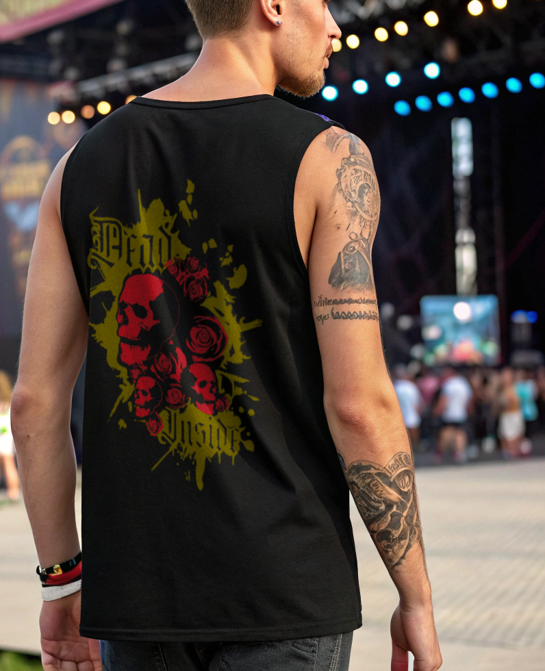 Black Skull & Roses Graphic Sleeveless Tee - Deep Cut Armhole Tank with Red and Yellow Print