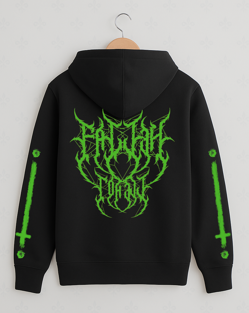 Black Metalcore Font Pullover Hoodie with Green Print