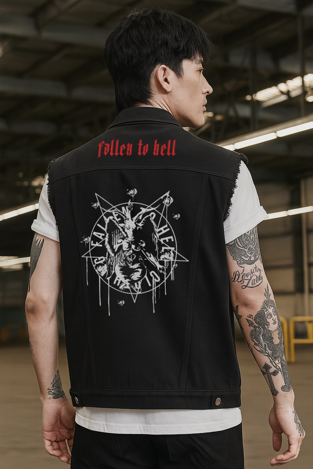 Black Baphomet Graphic Battle Jacket - Unisex Sleeveless Denim Jacket Printed in White and Red