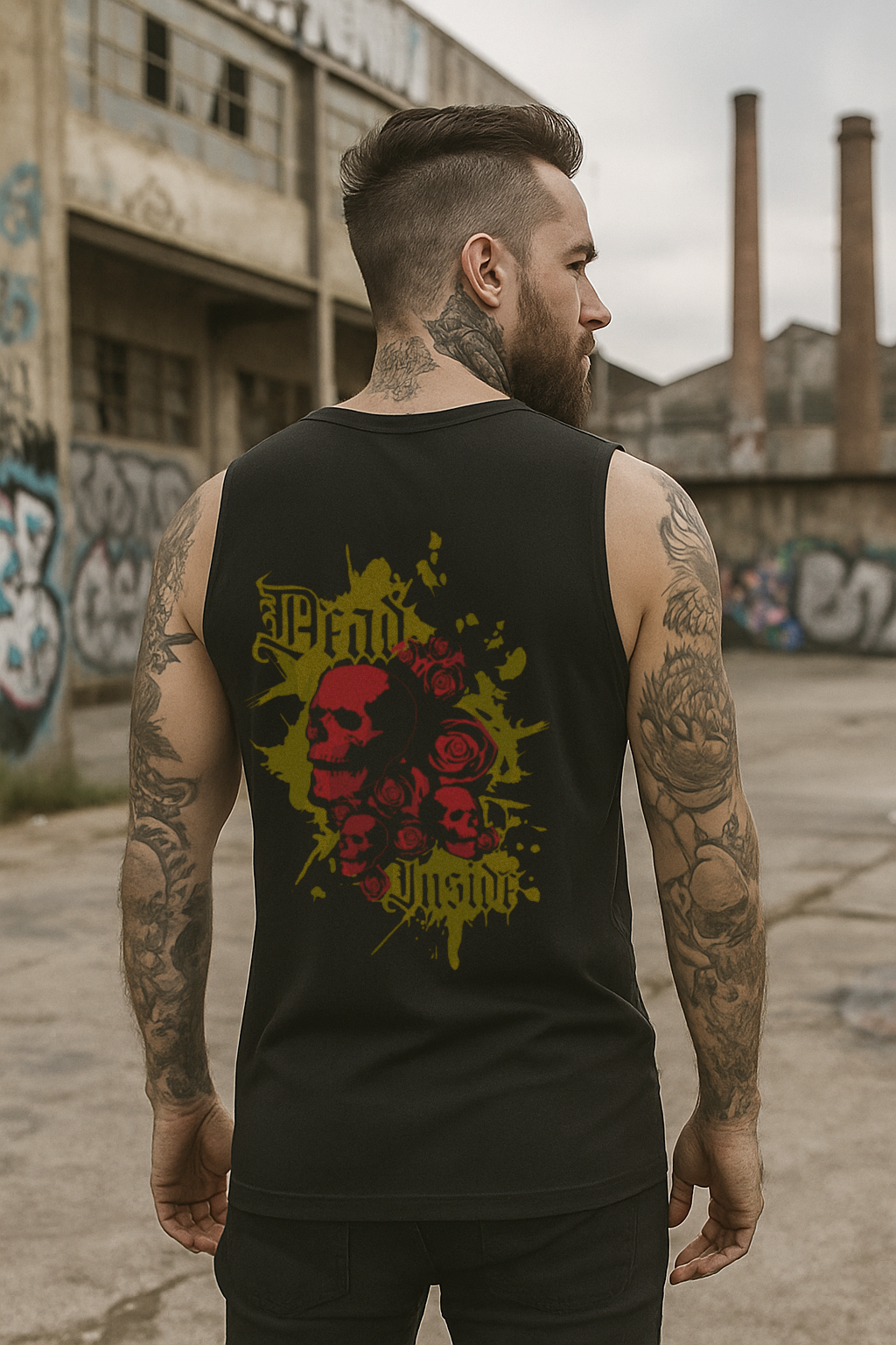 Black Skull & Roses Graphic Sleeveless Tee - Deep Cut Armhole Tank with Red and Yellow Print