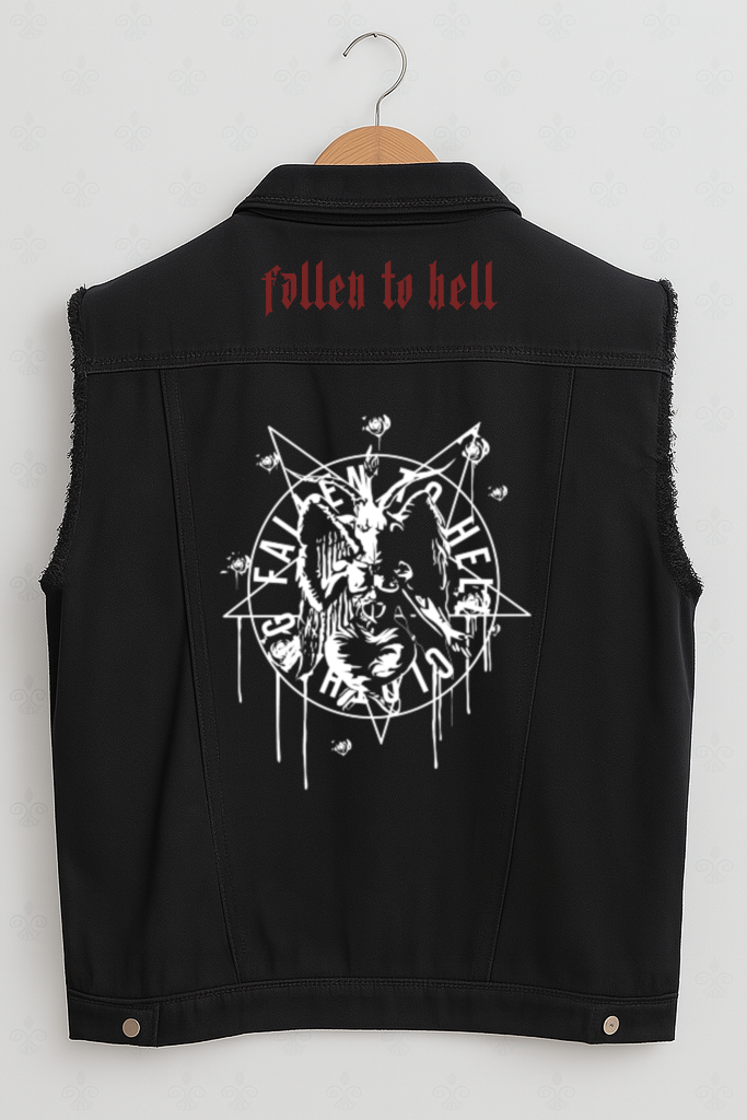 Black Baphomet Graphic Battle Jacket - Unisex Sleeveless Denim Jacket Printed in White and Red