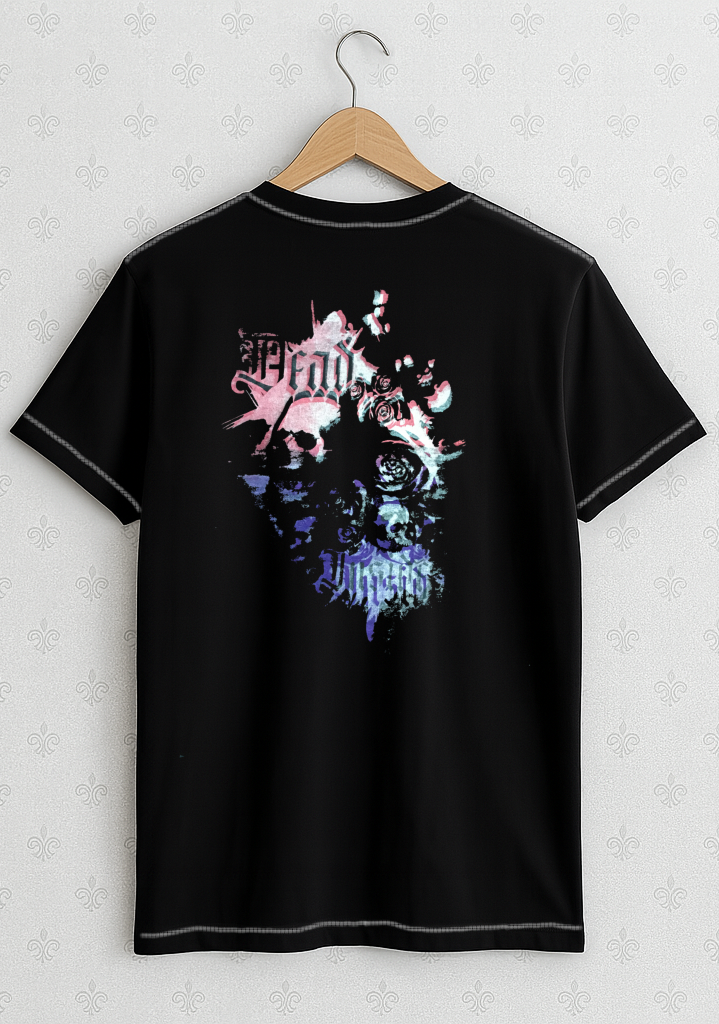 Black Gothic Skull & Roses T-shirt with White Stitching - Unisex Short Sleeve Tee with Purple, Pink and White Print