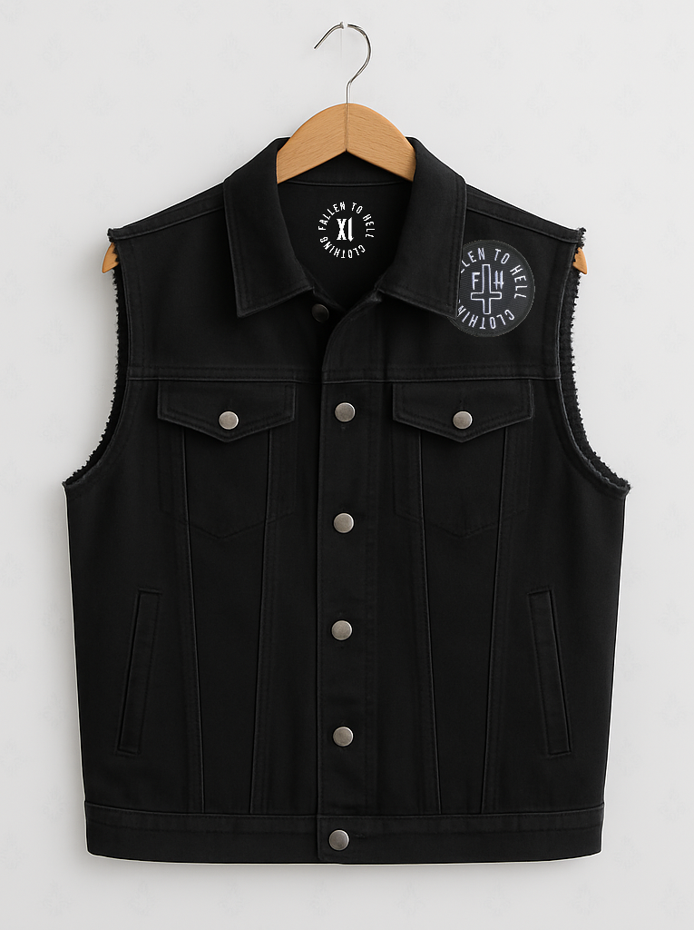 Black Baphomet Graphic Battle Jacket - Unisex Sleeveless Denim Jacket Printed in Pink