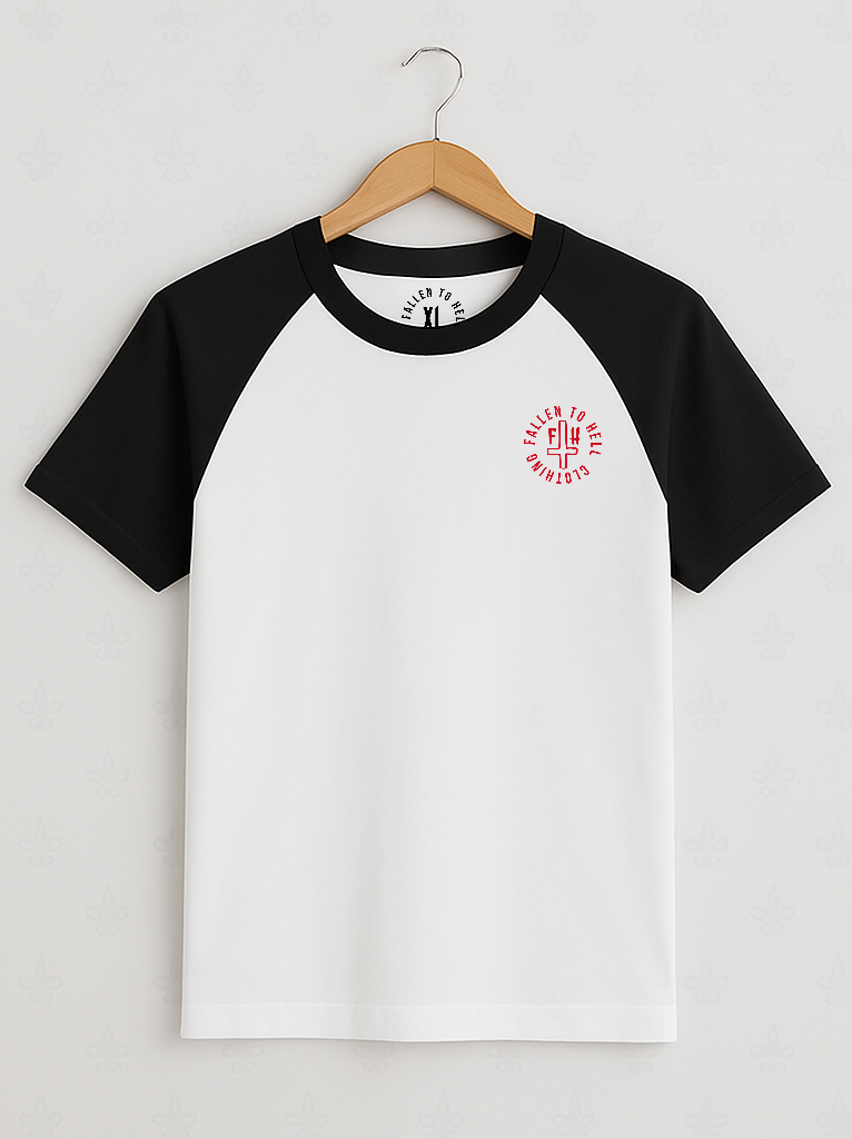 White Baphomet Graphic T-shirt with Black Sleeves and Trim - Unisex Short Sleeve Tee with Red Print