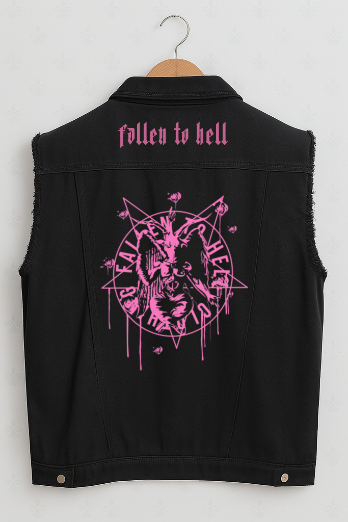 Black Baphomet Graphic Battle Jacket - Unisex Sleeveless Denim Jacket Printed in Pink