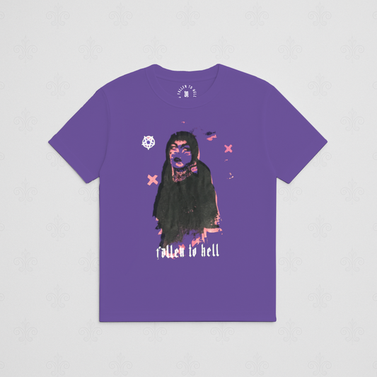 Purple Demonic Female Graphic T-shirt - Unisex Short Sleeve Tee with Black, Pink & White Print