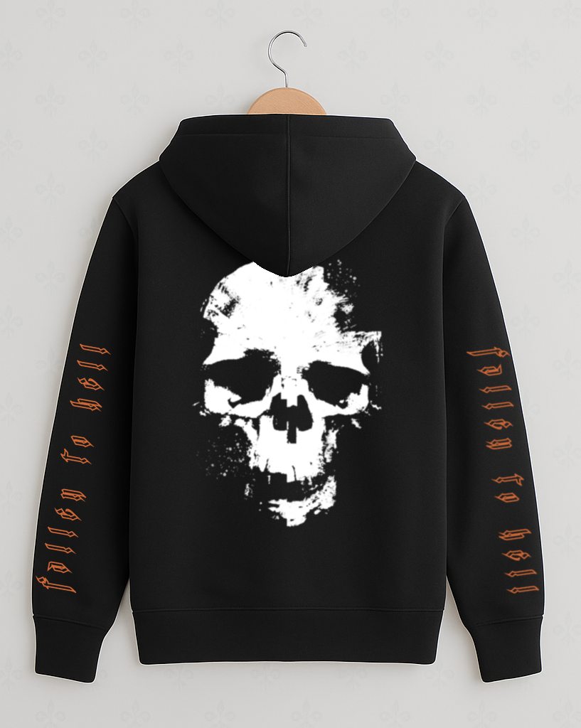 Black Gothic Skull Pullover Hoodie with White & Orange Print