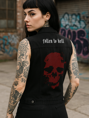Black Gothic Skull Battle Jacket - Unisex Sleeveless Denim Jacket Printed in Red & White