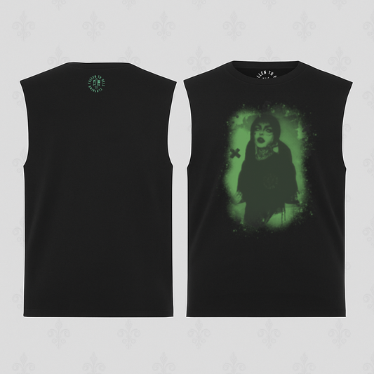 Black Demonic Female Graphic Sleeveless Tee - Deep Cut Armhole Tank with Green and Black Print