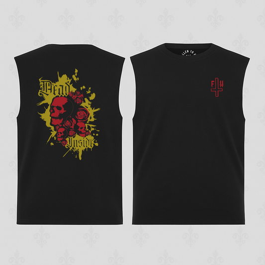 Black Skull & Roses Graphic Sleeveless Tee - Deep Cut Armhole Tank with Red and Yellow Print