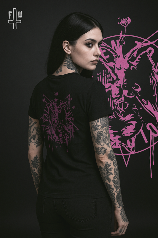 Black Baphomet Graphic T-shirt - Unisex Short Sleeve Tee with Pink Print