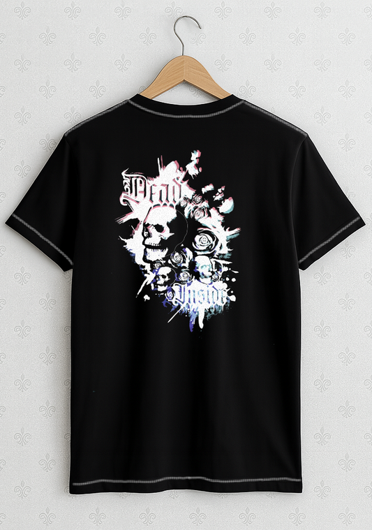 Black Gothic Skull & Roses T-shirt with White Stitching - Unisex Short Sleeve Tee with Purple, Pink and White Print