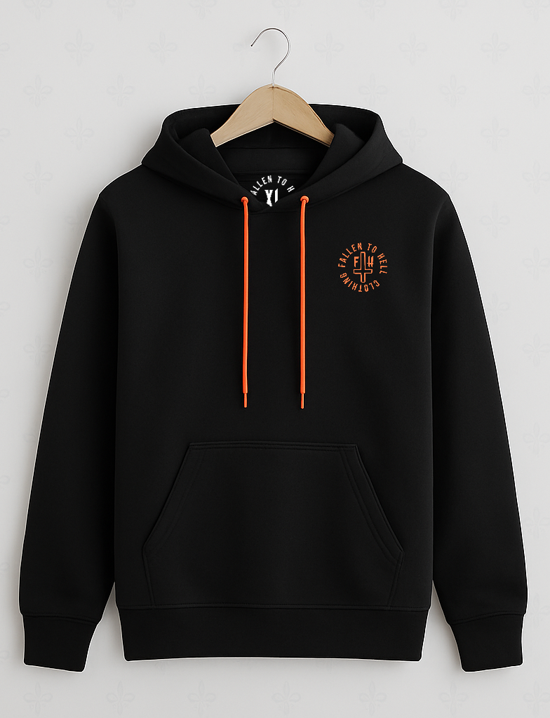 Black Gothic Skull Pullover Hoodie with White & Orange Print