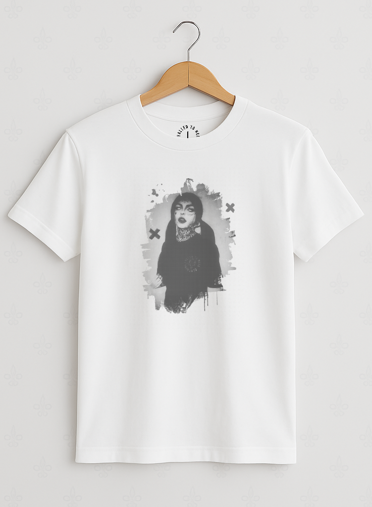 White Demonic Female Graphic T-shirt - Unisex Short Sleeve Tee with Black Print