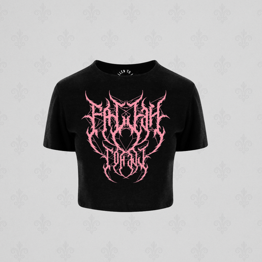 Black Metal-Core Cropped T-shirt - Short Sleeve Cropped Tee with Pink Print