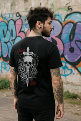 Black Conquer or Die Graphic T-shirt. Unisex Short Sleeve Tee Printed in White and Red