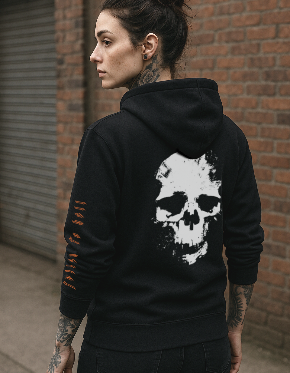 Black Gothic Skull Pullover Hoodie with White & Orange Print