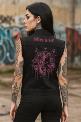 Black Baphomet Graphic Battle Jacket - Unisex Sleeveless Denim Jacket Printed in Pink