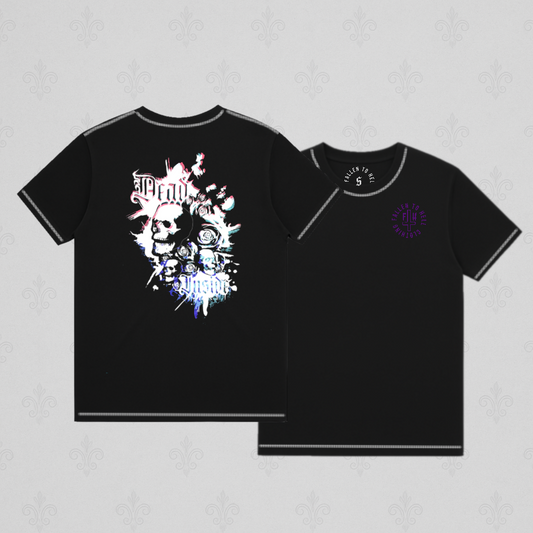 Black Gothic Skull & Roses T-shirt with White Stitching - Unisex Short Sleeve Tee with Purple, Pink and White Print