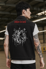 Black Baphomet Graphic Battle Jacket - Unisex Sleeveless Denim Jacket Printed in White and Red
