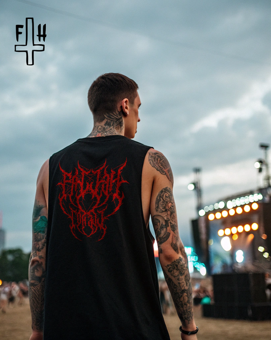 Black Metal-core Graphic Sleeveless Tee - Deep Cut Armhole Tank with Red Print