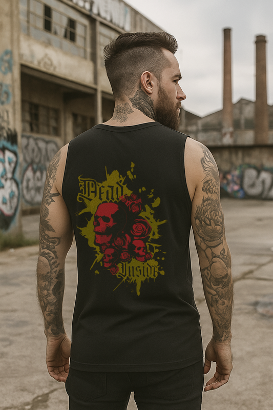 Black Skull & Roses Graphic Sleeveless Tee - Deep Cut Armhole Tank with Red and Yellow Print