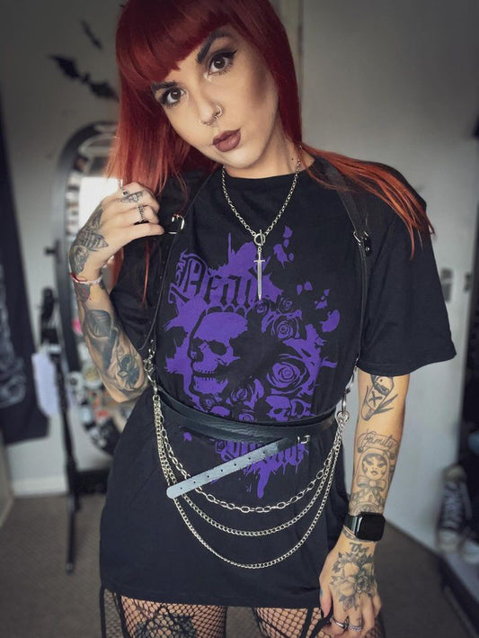 Black Gothic Skull & Roses T-shirt - Unisex Short Sleeve Tee with Purple Print