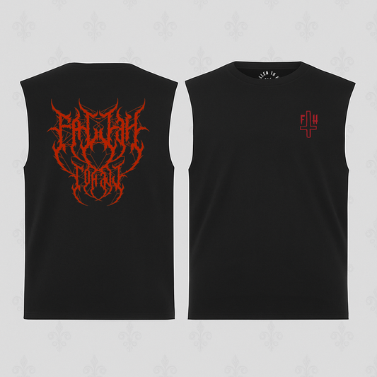 Black Metal-core Graphic Sleeveless Tee - Deep Cut Armhole Tank with Red Print