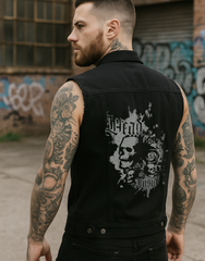 Black Graphic Skull & Roses Battle Jacket - Unisex Sleeveless Denim Jacket Printed in White