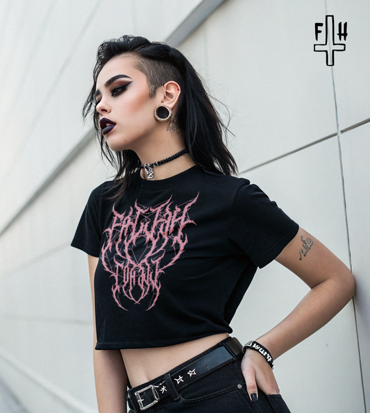 Black Metal-Core Cropped T-shirt - Short Sleeve Cropped Tee with Pink Print