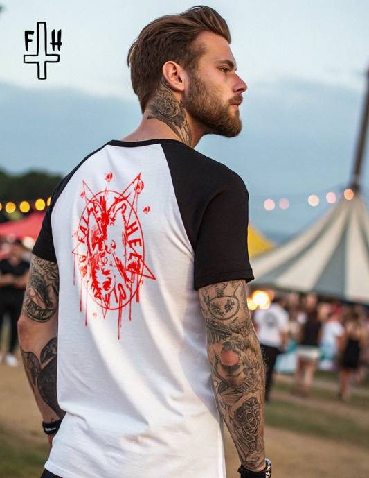 White Baphomet Graphic T-shirt with Black Sleeves and Trim - Unisex Short Sleeve Tee with Red Print