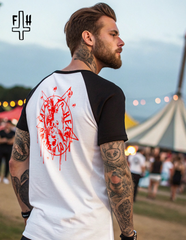 White Baphomet Graphic T-shirt with Black Sleeves and Trim - Unisex Short Sleeve Tee with Red Print