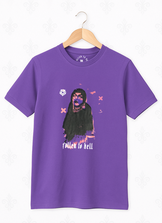 Purple Demonic Female Graphic T-shirt - Unisex Short Sleeve Tee with Black, Pink & White Print